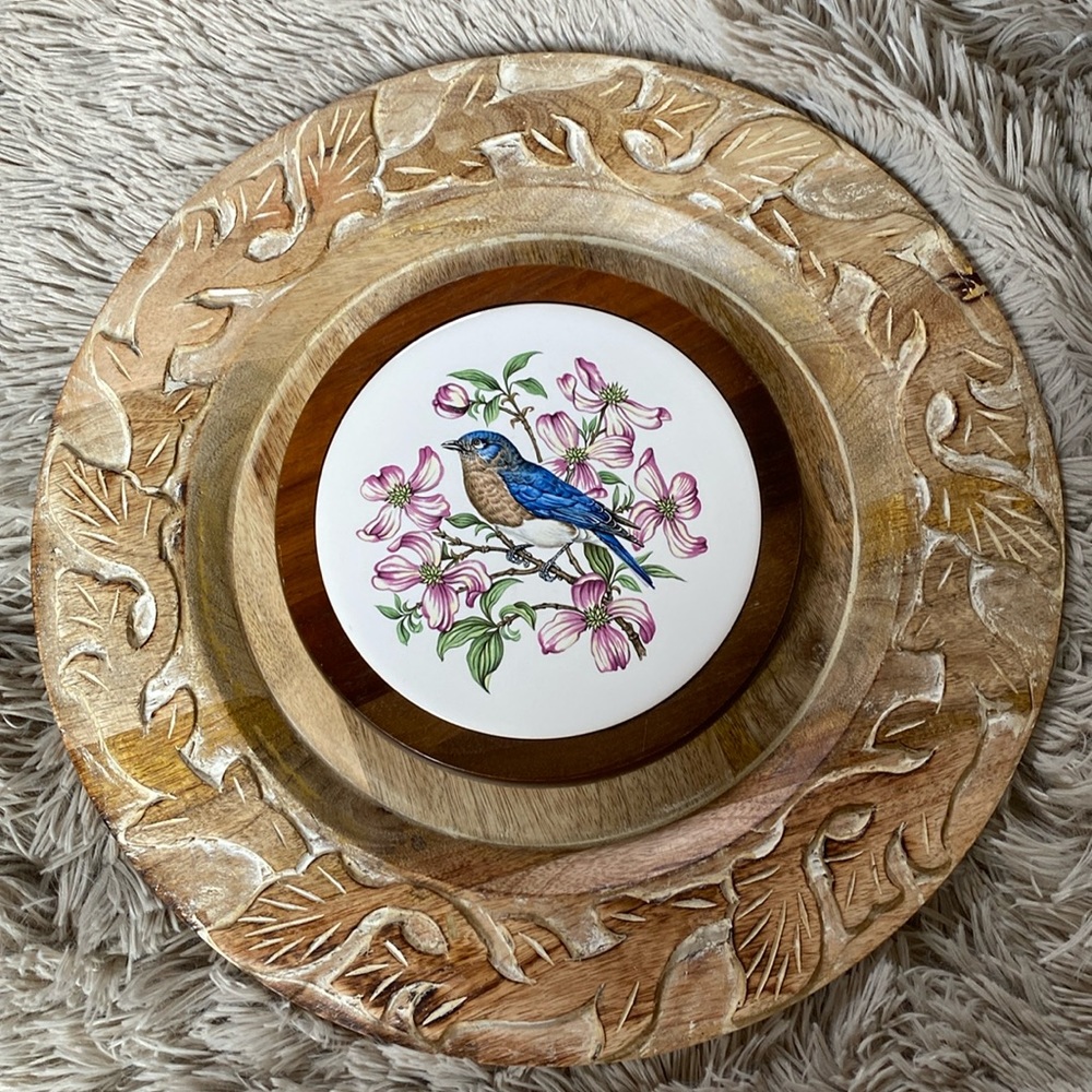 VINTAGE BLUE BIRD TILE WOOD WALL HANGING TRIVET EUC